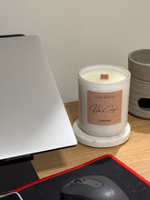 Load image into Gallery viewer, Candle with a label on a desk next to a laptop and mouse